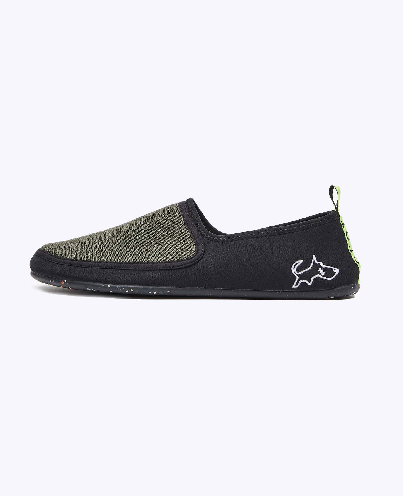Olive green and black slip-on shoe, lightweight, with dog outline detail and speckled sole