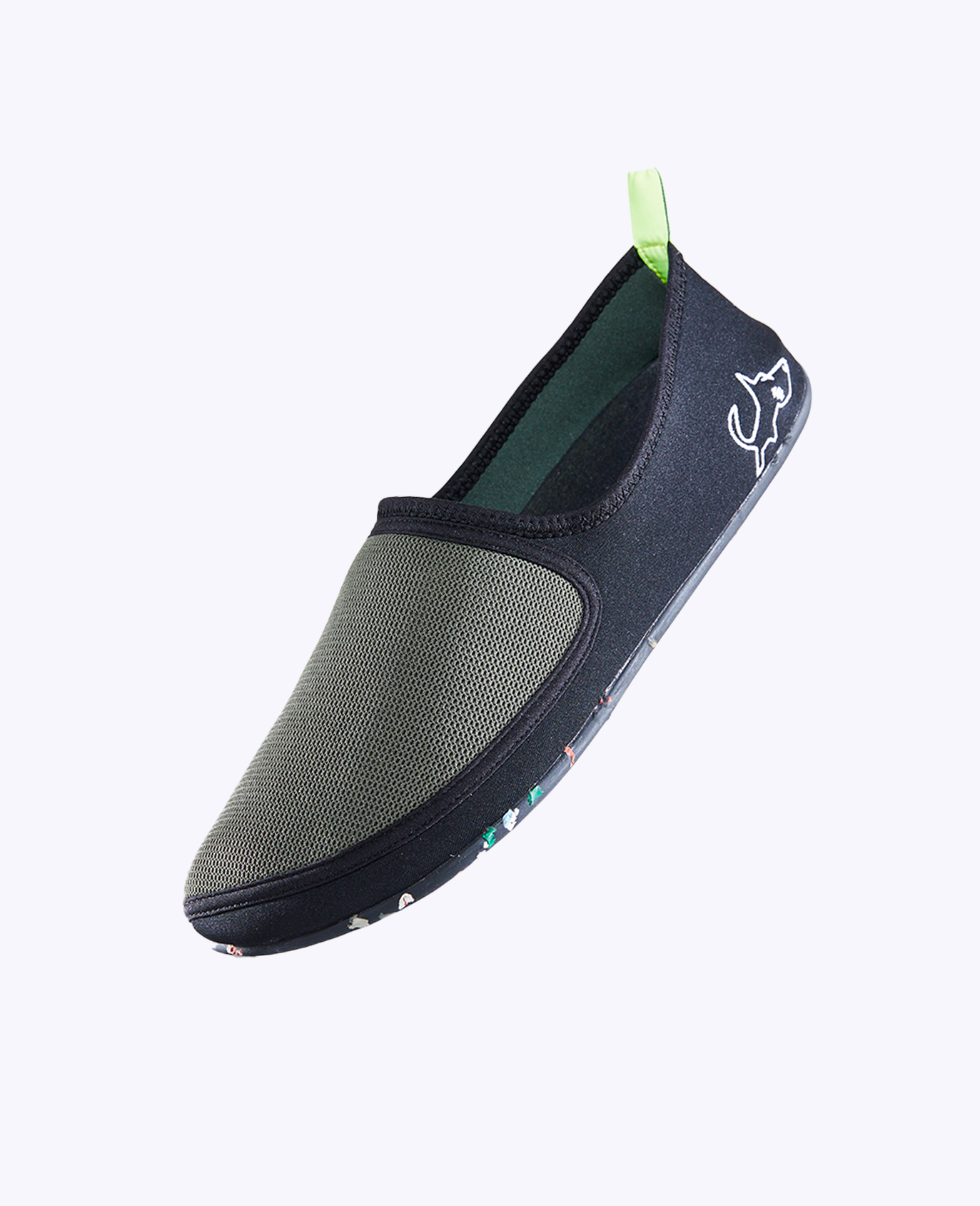 Lightweight olive slip-on shoe with mesh upper, black trim, and a pull tab, shown on white background.