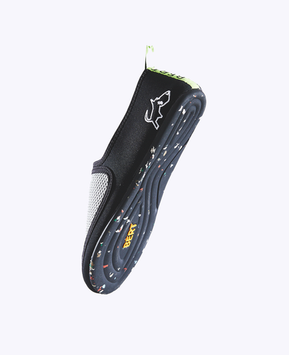 Black slip-on lightweight shoe with mesh panel, logo, and speckled sole on white background