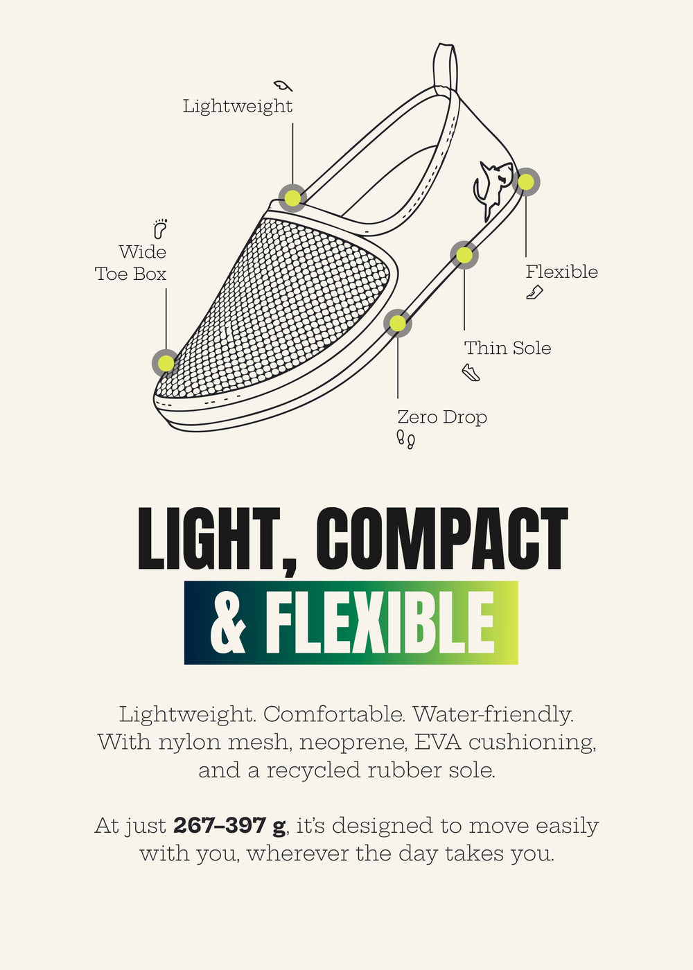 Illustration of lightweight, flexible slip-on shoe with wide toe box, thin sole, and zero drop.