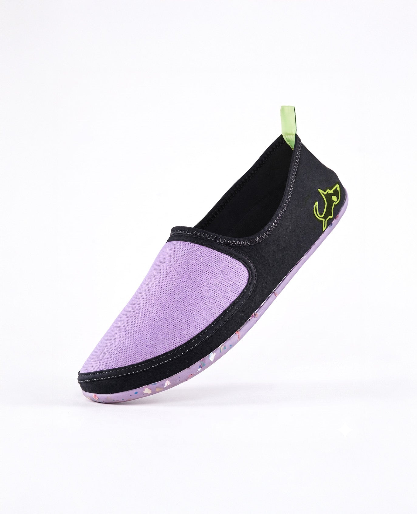 Lightweight slip-on shoe with lavender front, black heel, green pull tab, and speckled sole