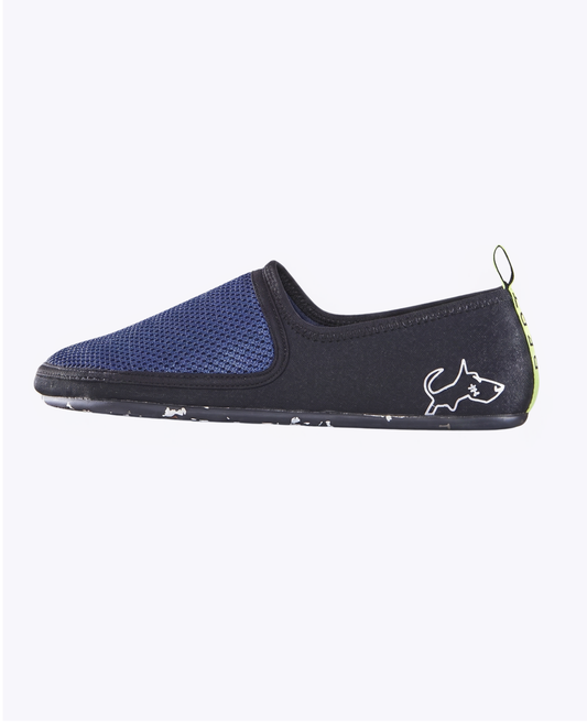Lightweight packable camp shoe in navy and black mesh with dog graphic on the side