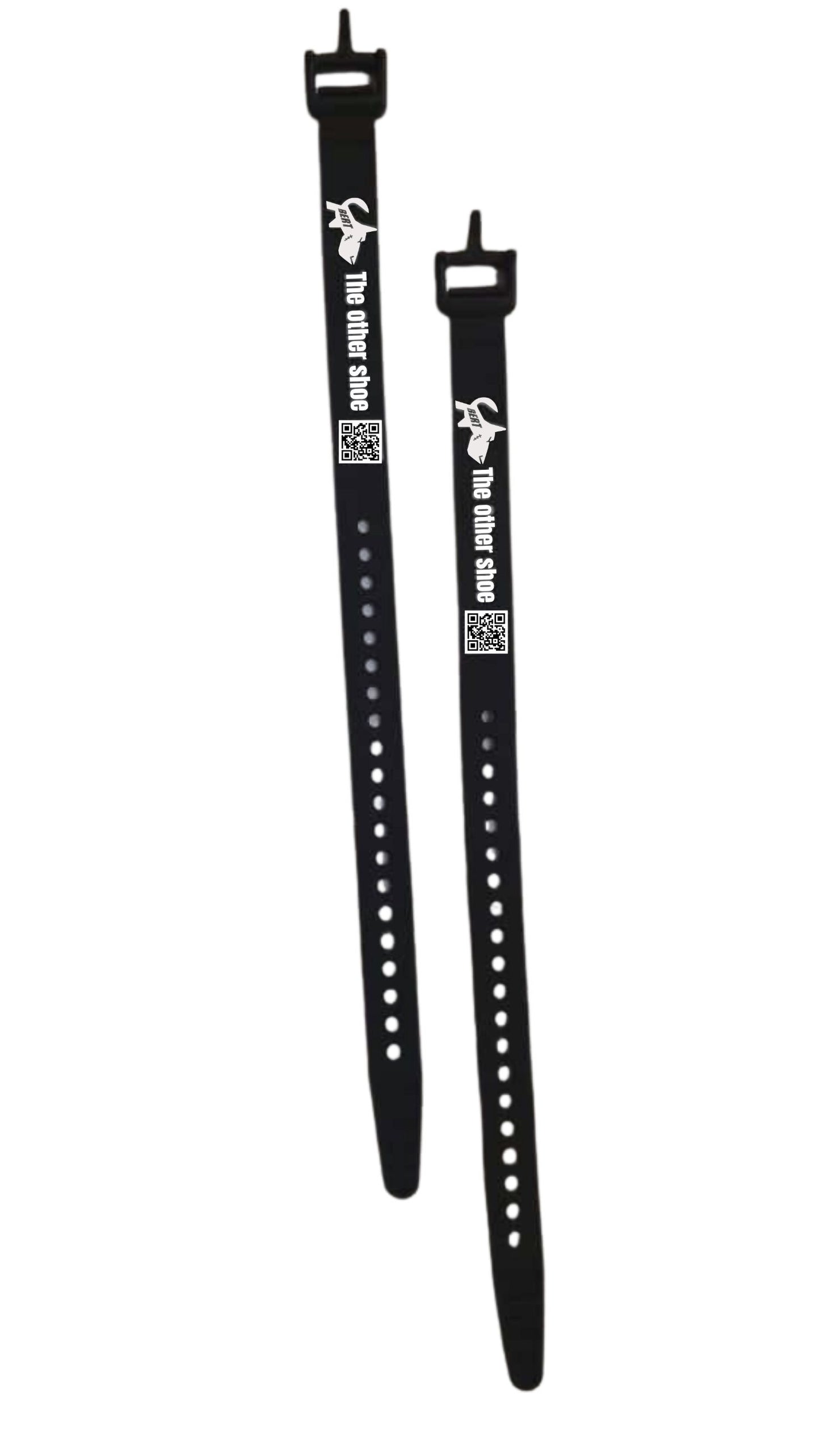Two black adjustable silicone straps with holes, buckles, and 'The other shoe' text, shown on white background.
