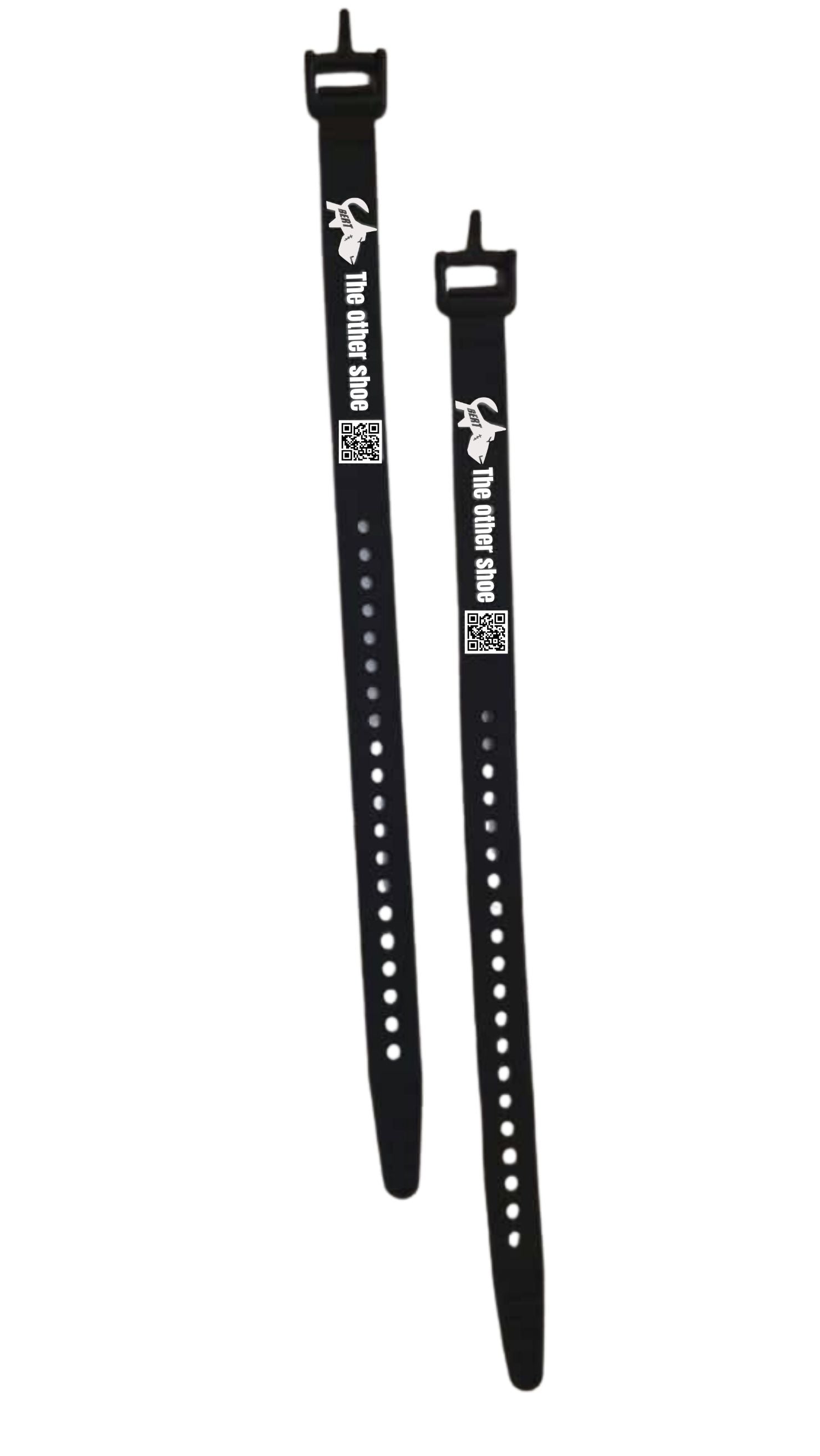 Two black adjustable silicone straps with holes, buckles, and 'The other shoe' text, shown on white background.