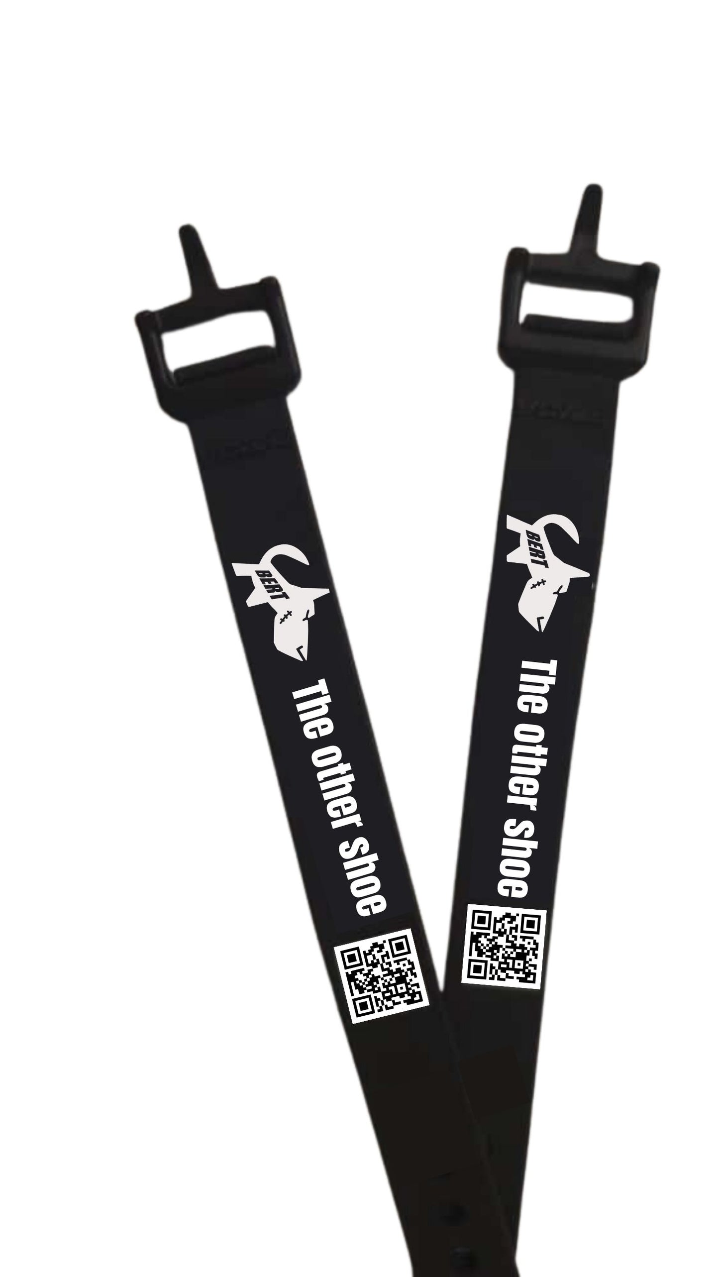 Black shoe straps labeled 'The other shoe' with QR codes and a white minimalist logo.