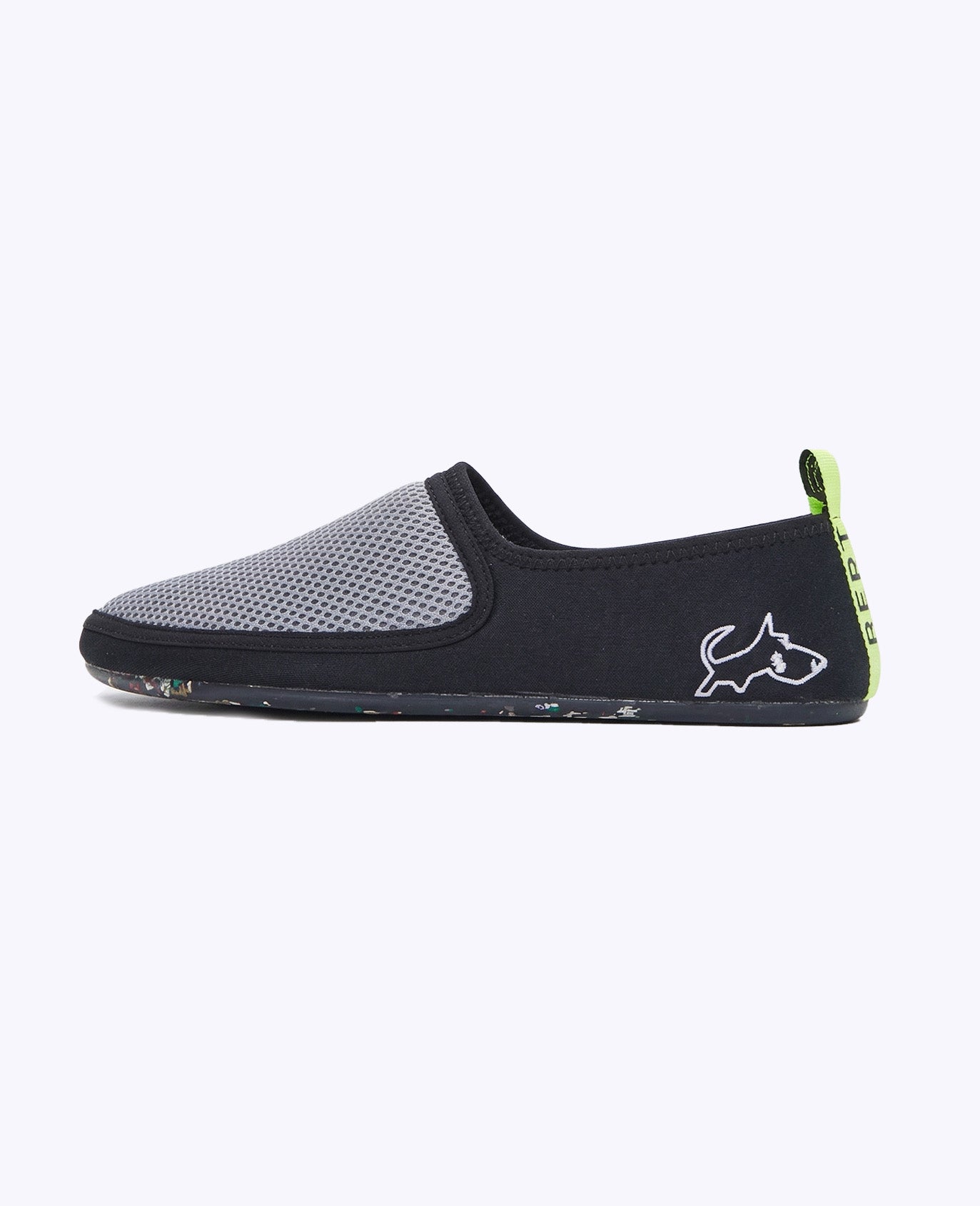 Lightweight gray and black slip-on shoe with mesh upper, zero-drop sole, and green heel tab.